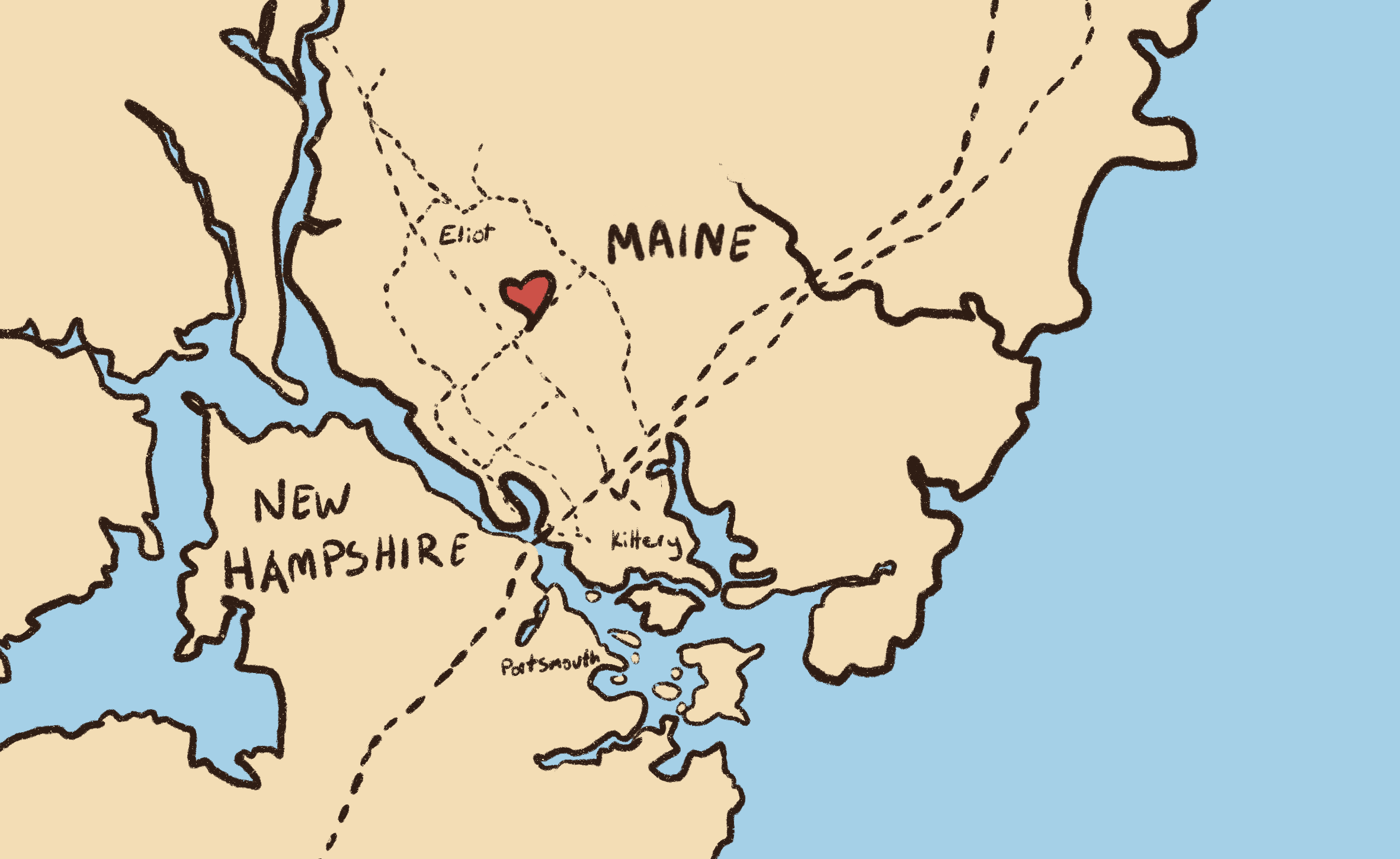 hand-drawn map of where Eliot, Maine is